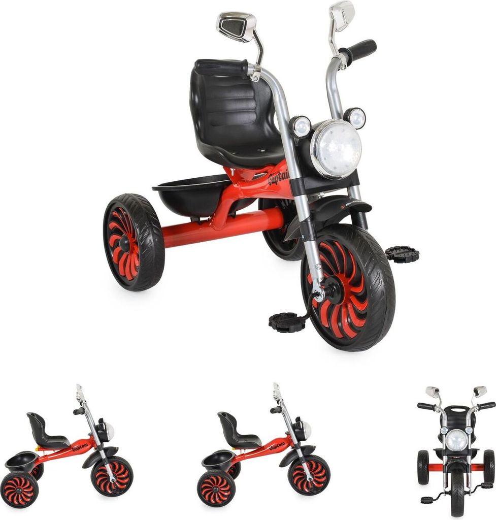 Byox Kinderdreirad Captain Musikfunktion Lichter Spiegel Hinterkorb Rückenlehne rot-schwarz