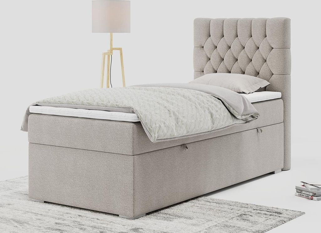 Einzelbett - Boxspringbett 90x200 mit Bettkasten und Matratzentopper - PERA 90 - rechts - Beige - H3