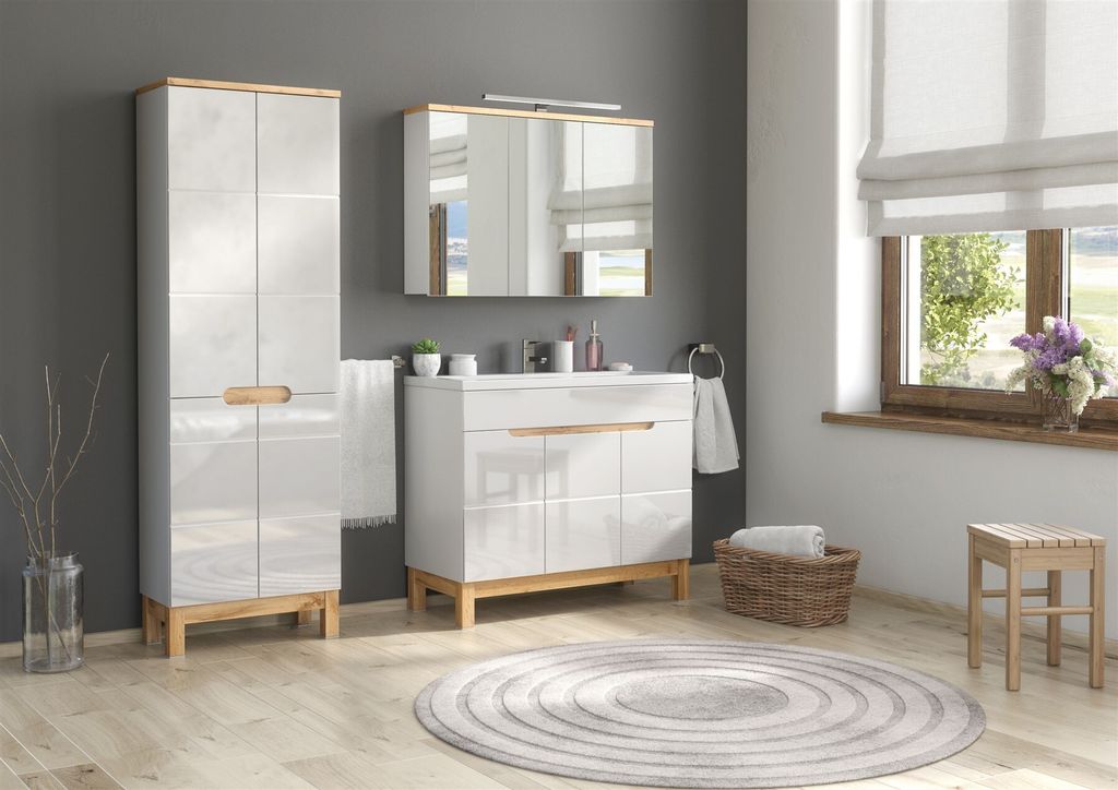 Badmöbel Set 3-tlg Badezimmerset DEVI Weiss HGL Produktbild 
