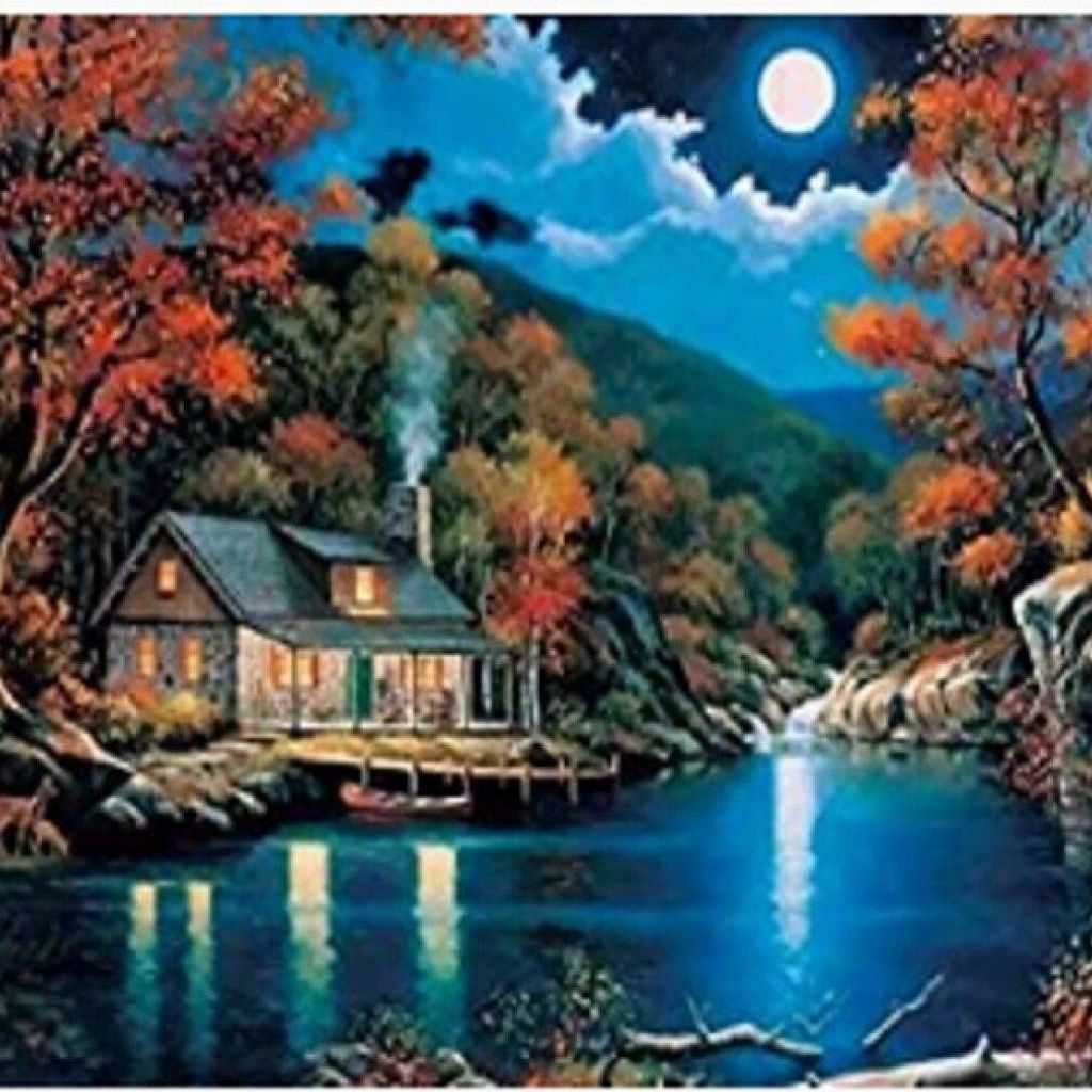 Obraz podľa čísel: Dom pri jazere v noci, 40x50 cm Obrázok produktu 
