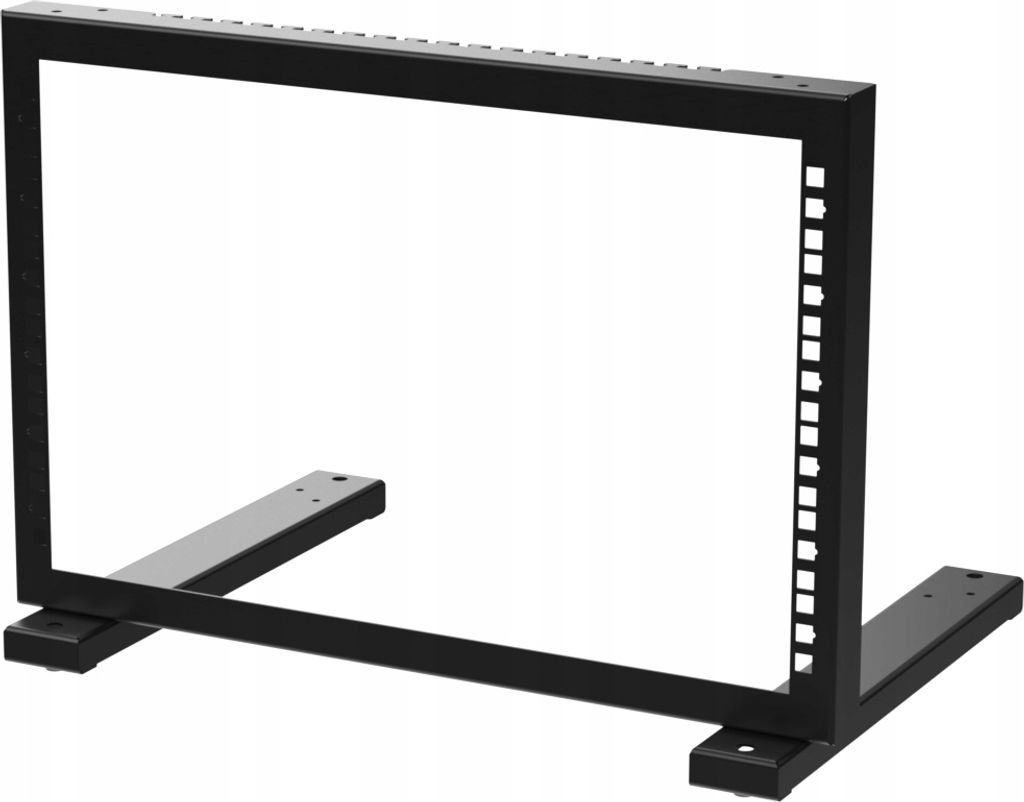A black open frame server rack with two base supports, shown against a white background.
