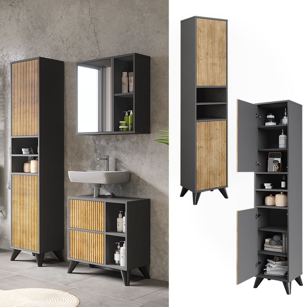 Badschrank Vicco Leano Anthrazit/Bergeiche 38 x 180 cm mit 2 Türen, Model 52121