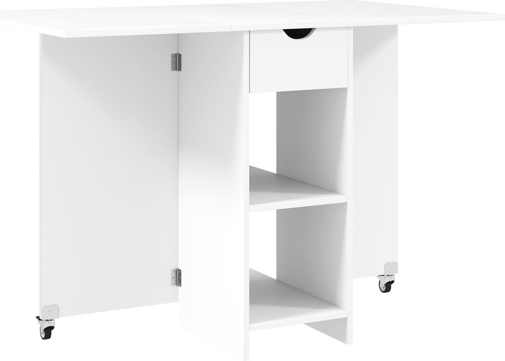 Klappbarer Esstisch für 2-4 Personen, faltbarer Küchentisch mit Stauraum, Ausziehbarer Tisch auf Rädern, Weiß