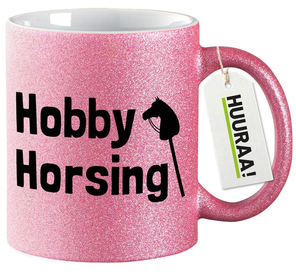 Huuraa Glitzertasse Hobby Horsing Steckenpferd 330ml Pink Keramik Kaffeebecher Geschenkidee