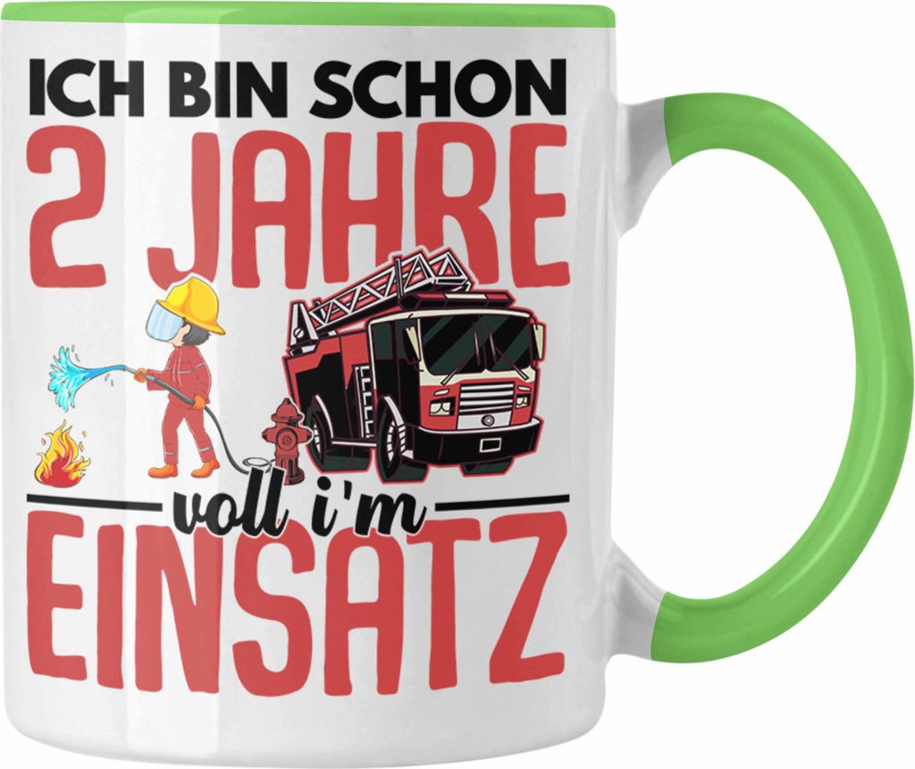 Trendation - 2. Geburtstag Geschenk Jungs Feuerwehr Tasse Geschenke Zubehör Lustig Kinder Geburtstag Spruch Ich Bin 2 (Grün)