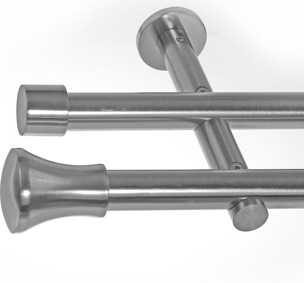 BASIT Gardinenstange Set Edelstahl Look Metall Ø 19mm zur Wandbefestigung 2-lauf Knauf, Länge wählbar H29 E62 E61