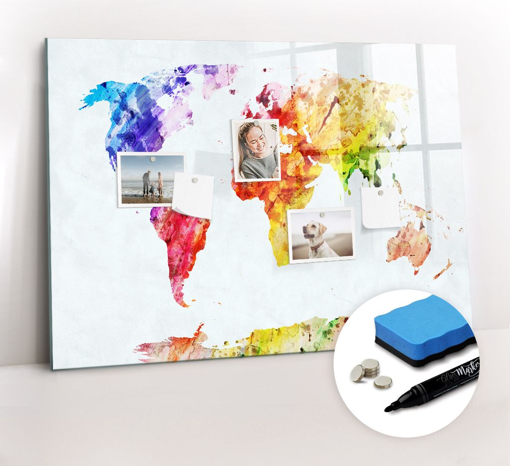 Magnetpinnwand Memoboard - Zubehörsatz - Schwarzer Marker + Schwamm + Magnete - 100 x 70 cm - Aquarell-Weltkarte