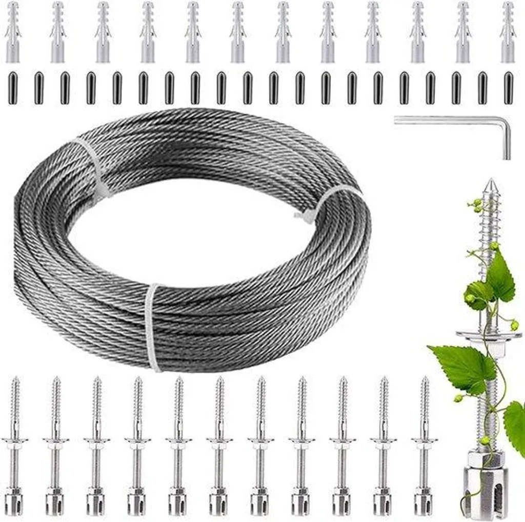 Kit de palissage mural inox avec câble de 3 mm et 12 vis de fixation fixe