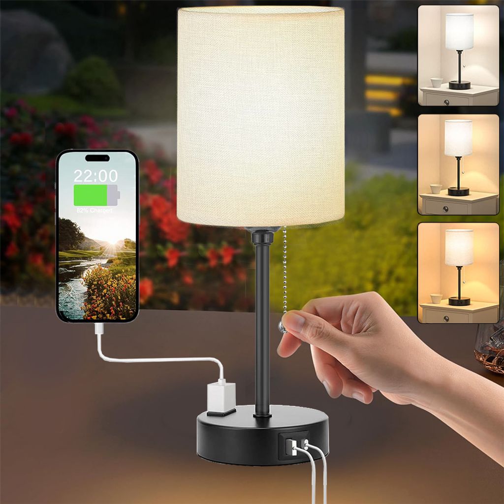 Dimmbare Nachttischlampe Led Grau, Modern Kleine USB Tischlampe Mit Kabel, E27 3 Modi Bedside Lamp für Nachttisch Bett Schlafzimmer Wohnzimmer