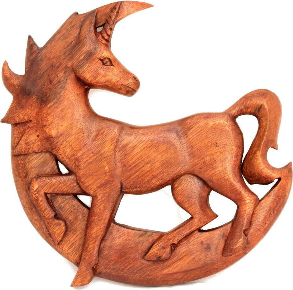 Wandschmuck Wandbild Das letzte Einhorn Holz Mond geschnitztes Ornamen