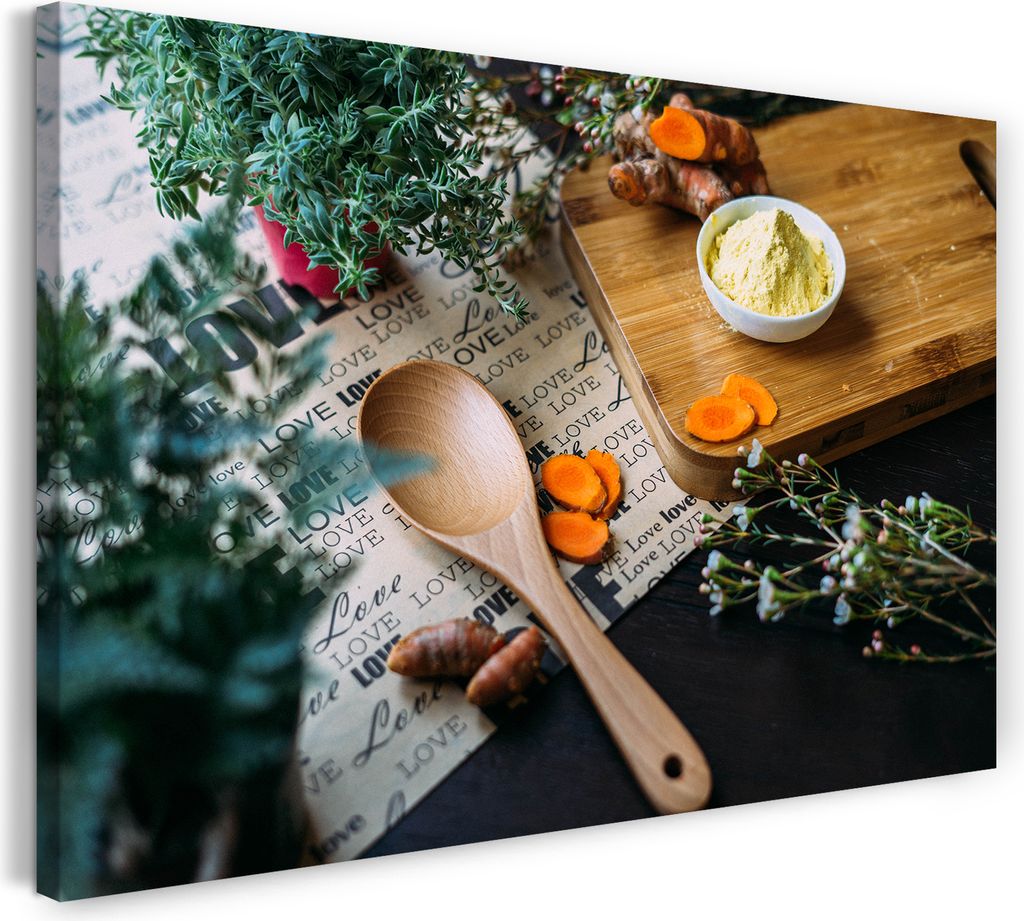 Leinwandbild (100x70cm): Wanbild Küchendeko Holzlöffel Schneidbrett Zweige Karotten, echter Holz-Keilrahmen inkl. Aufhänger, handgefertigt in De...