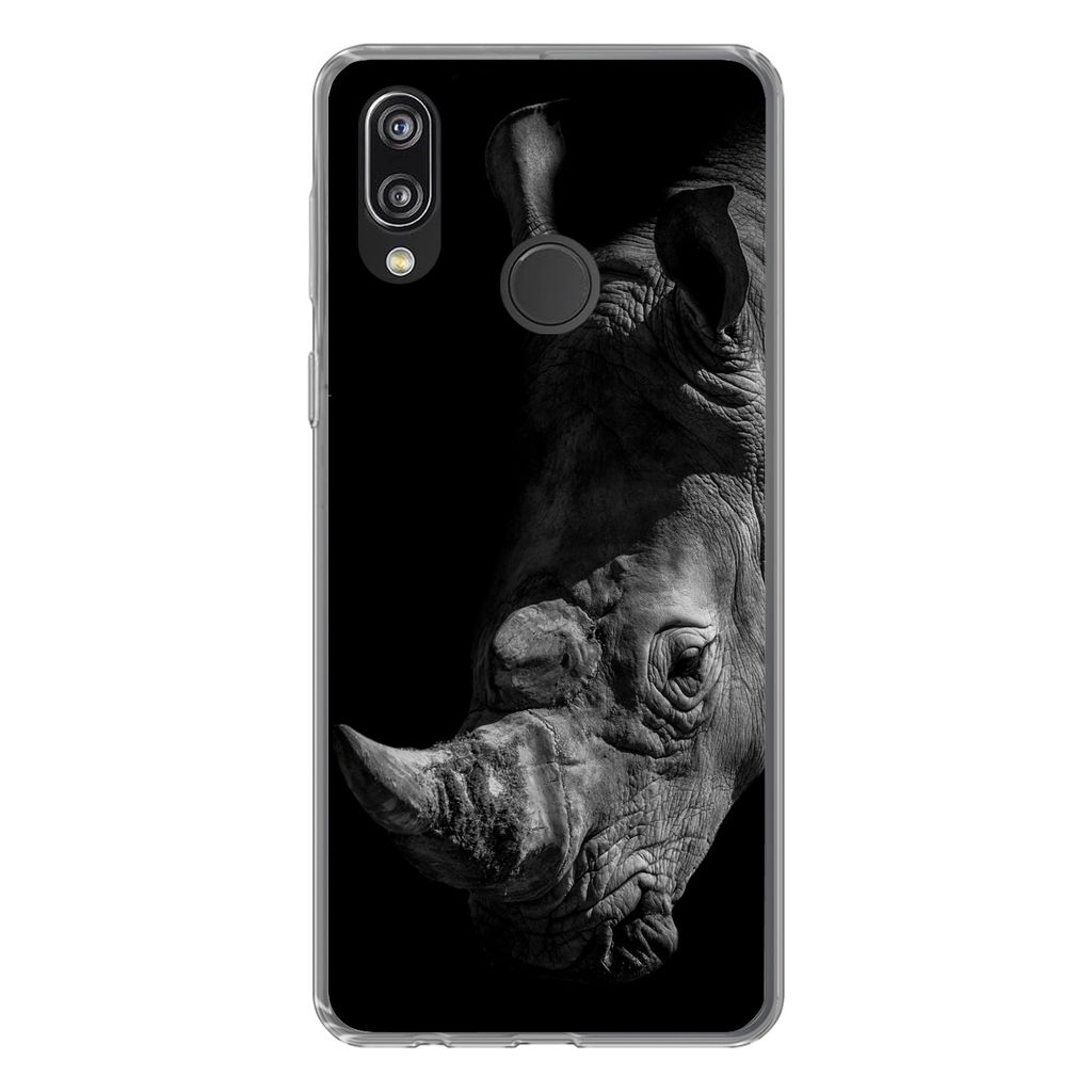 MuchoWow Handyhülle Schutzhülle Hülle für Huawei P20 Lite (2020) Nahaufnahme eines Nashorns auf schwarzem Hintergrund Silikon Softcase Handy ...