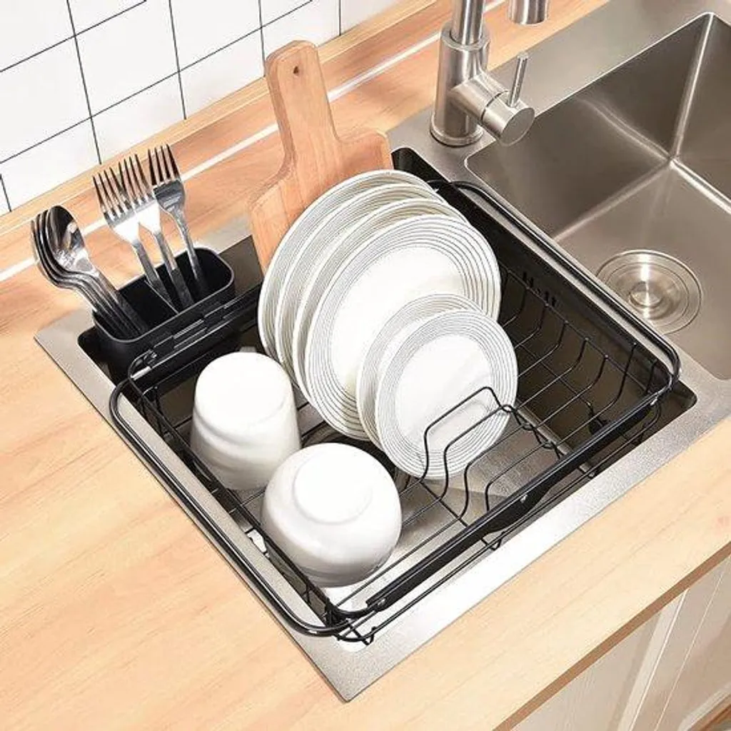 Égouttoir noir antirouille XL avec bac porte-couverts amovible chic