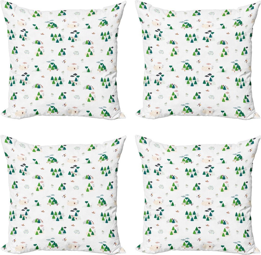 ABAKUHAUS Wald Kissenbezug Set (4 Stück), Doodle Art Woodland Artikel, Moderner Doppelseitiger Digitaldruck, 60 cm x 60 cm, Petrol, Blau, Grün