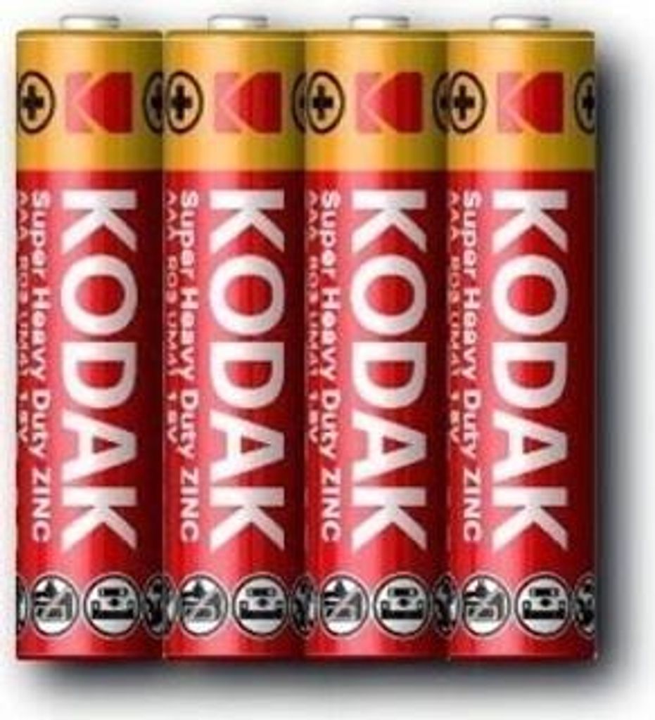 Four Kodak AAA batteries lined up against a white background.