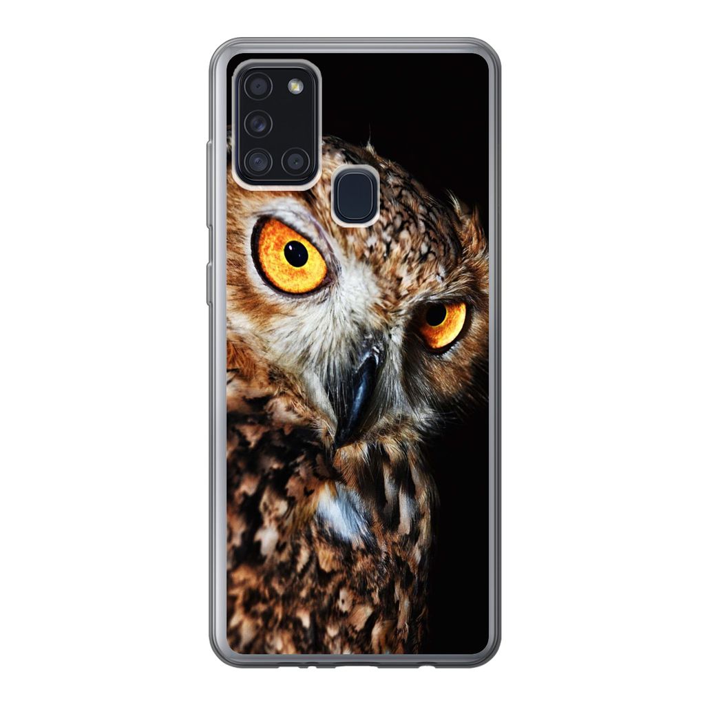 MuchoWow Handyhülle Schutzhülle Hülle für Samsung Galaxy A21s Eule - Schwarz - Gelb Silikon Softcase Handy Hülle - Hartschale