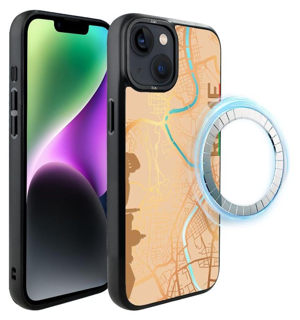 Schutzhülle für das iPhone 14 Plus, MagSafe-kompatibel, mattschwarze Seiten, Stadtplan von Rom