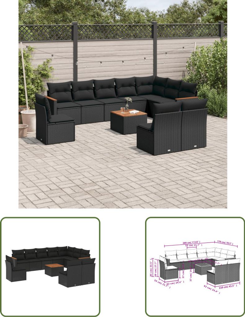 The Living Store 11-tlg. Garten-Sofagarnitur mit Kissen Schwarz Poly Rattan