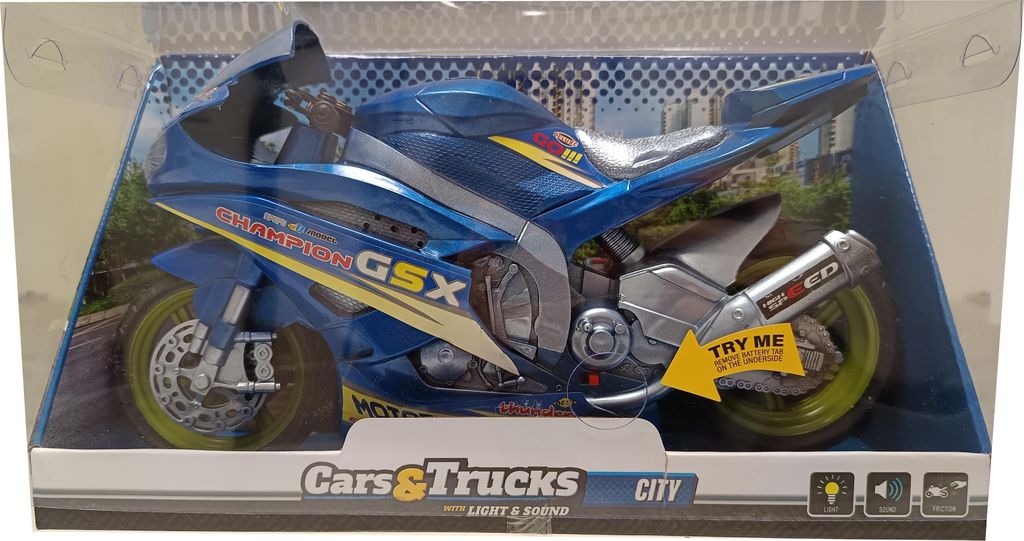Toi-Toys 29210Z CARS_TRUCKS Rennmotorad 30 cm Friktion Licht & Ton Spielzeug Motorrad blau