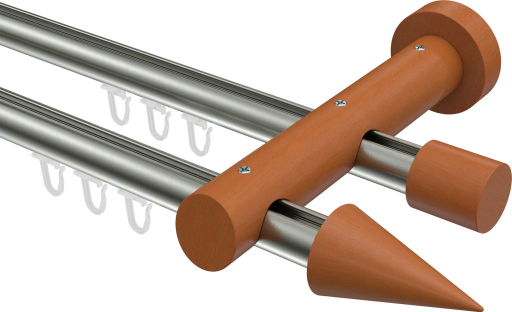 Interdeco Innenlaufstange / Gardinenstange mit Innenlauf Edelstahl-Optik / Kirschbaum lackiert, Typ Talent Siveo (Kegel), 20 mm Ø 2-läufig, 480 cm