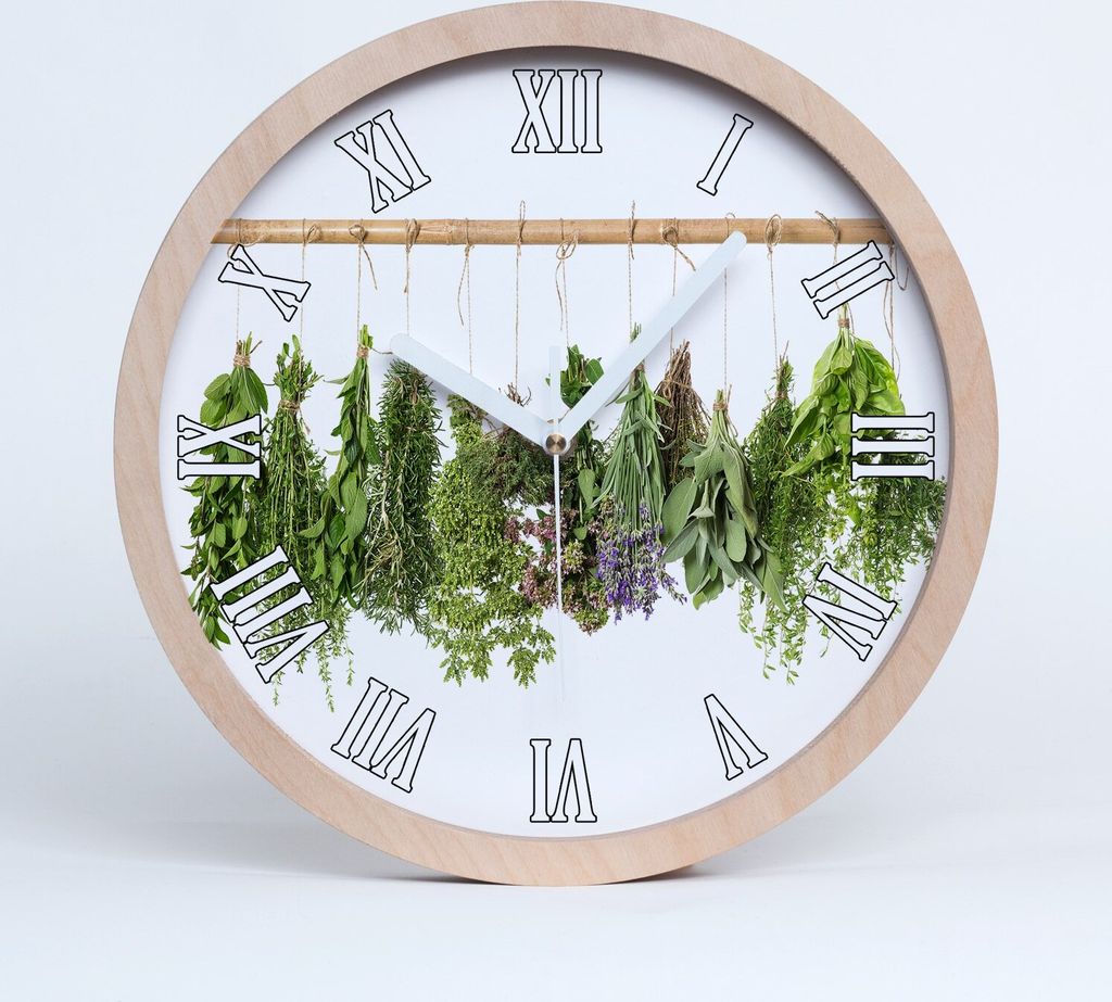 Holzuhr 30fi cm wanduhr - weiße Spitzen - Kräuter auf einer Schnur