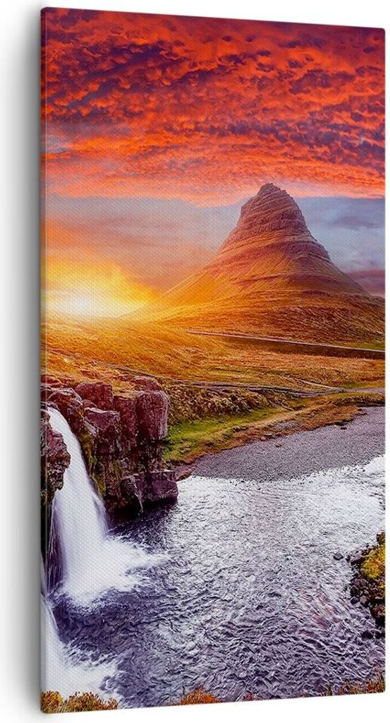 Bild auf Leinwand - Leinwandbild - Einteilig - Kirkjufell Wasserfall Berg - 55x100cm - Wand Bild - Wanddeko - Wandbilder - Leinwanddruck - Bilder -...