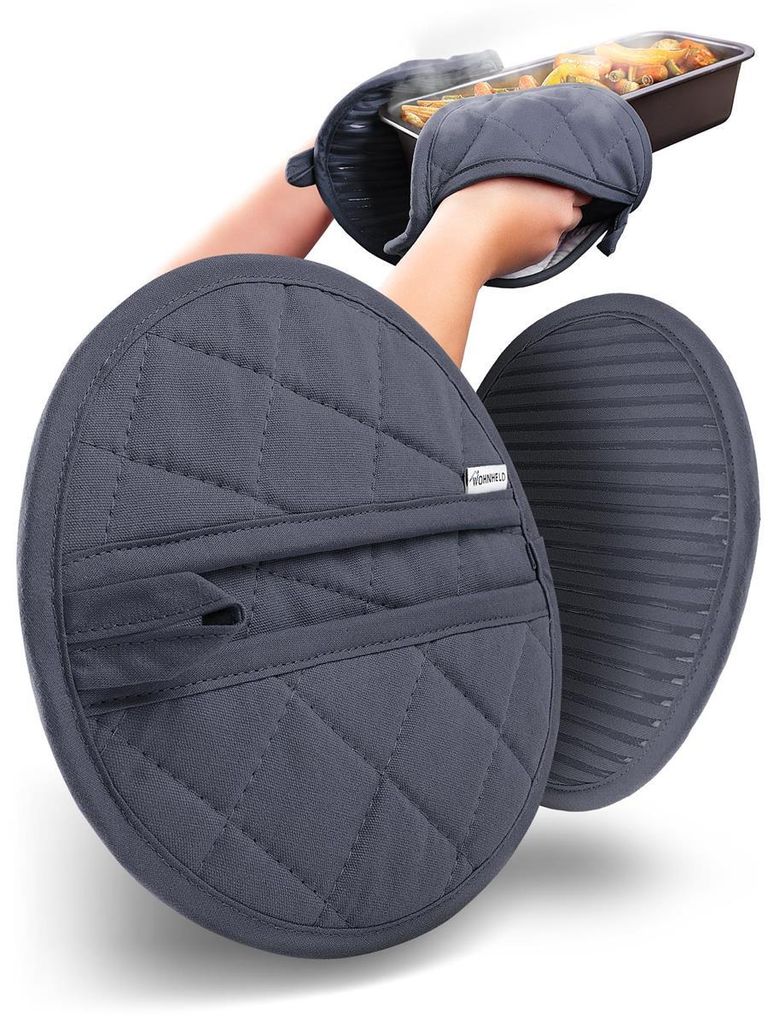 WOHNHELD Topflappen & Ofenhandschuhe Kombi I 2er Set I Extrem hitzebeständig 250° C I Baumwolle Waschmaschinen geeignet I Rund Grau
