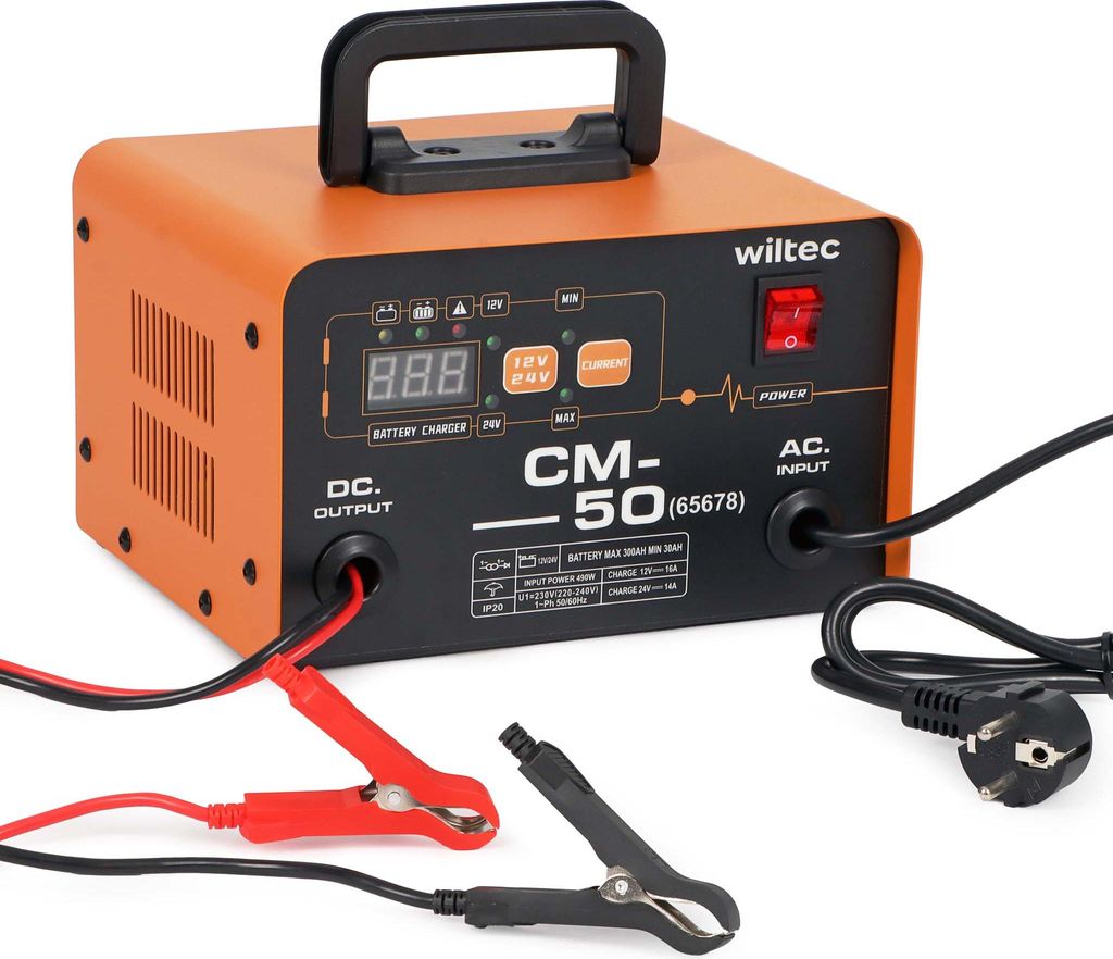 Wiltec Ladegerät 12-24 V, 16 Ah, 30-300 Ah für Autobatterie Kfz und Motorrad Starthilfe 490 W, intelligenter Lader mit LCD-Display und Tragegriff