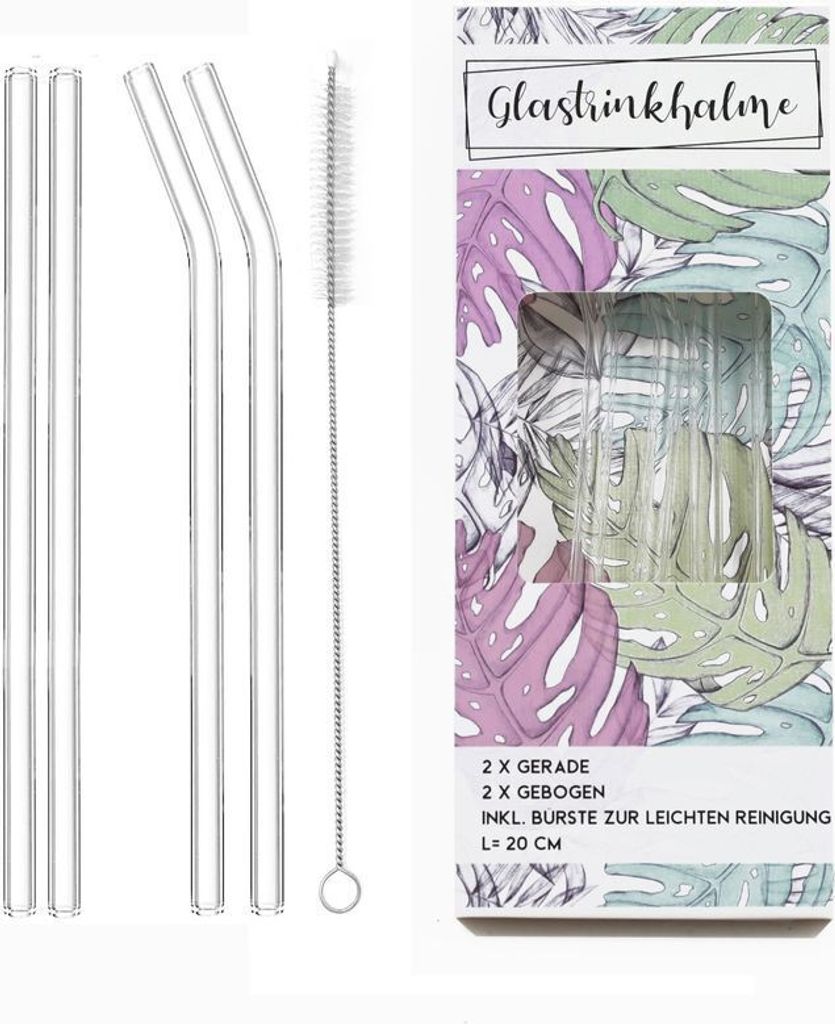 BURI Glas-Trinkhalme 20cm mit Reinigungsbürste 5-tlg Produktbild 