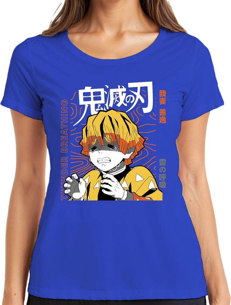Zenitsu Demon Slayer Anime Manga weinend Blitz Geschenk Japan Y2K Streetwear Damen T-Shirt, Blau, XL