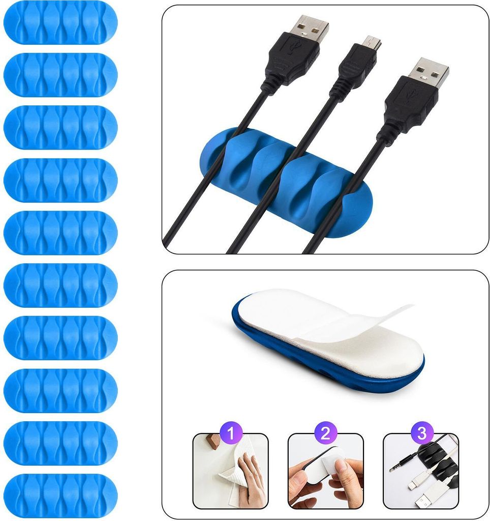 Kabel Organizer Kabelmanager 5-fach Kabelhalter Klemme Clip selbstklebend Schreibtisch Büro Farbe: Blau Menge: 10 Stück