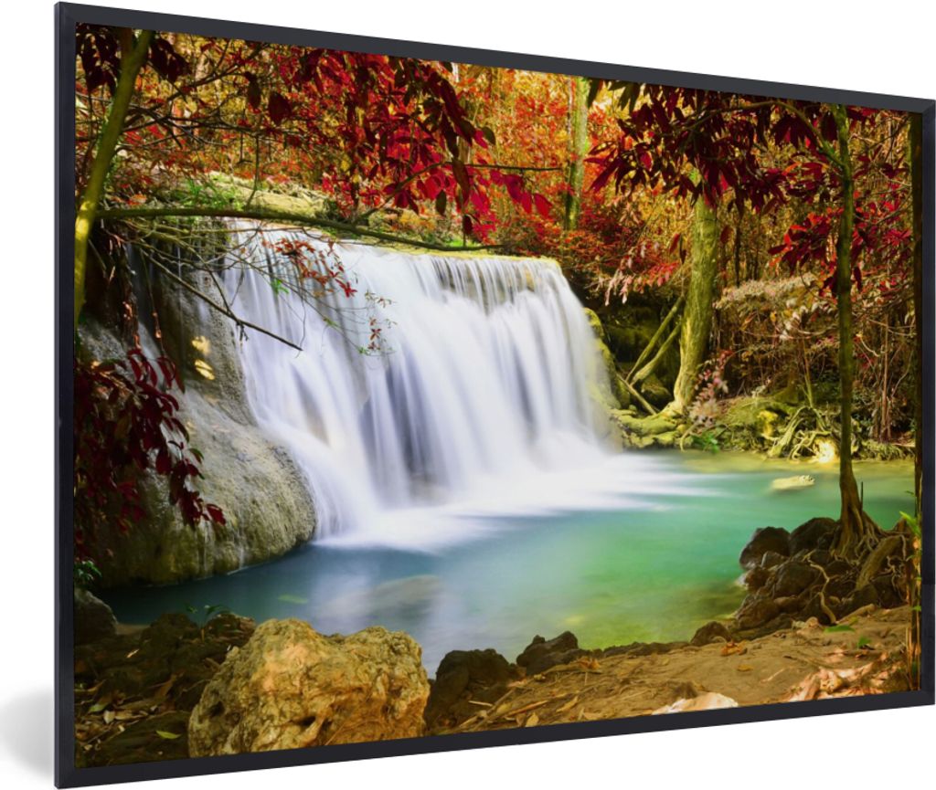 MuchoWow Gerahmtes Poster Herbst - Wasserfall - Natur 60x40 cm - Poster mit Schwarzem Bilderrahmen Wandposter Rahmen Foto Bilder - Printing - Wan...