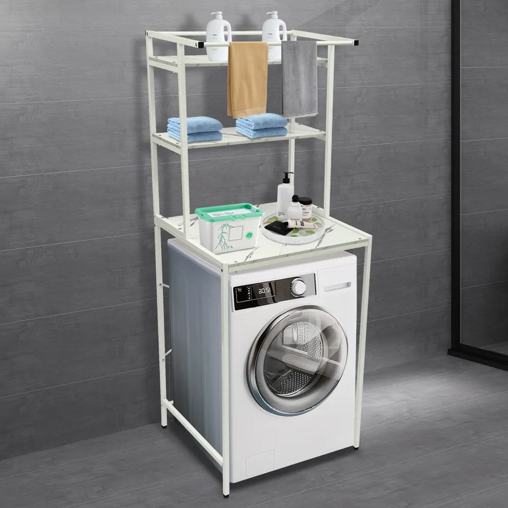 Support rangement surélevé pour lave-linge, 3 niveaux blanc et marbre
