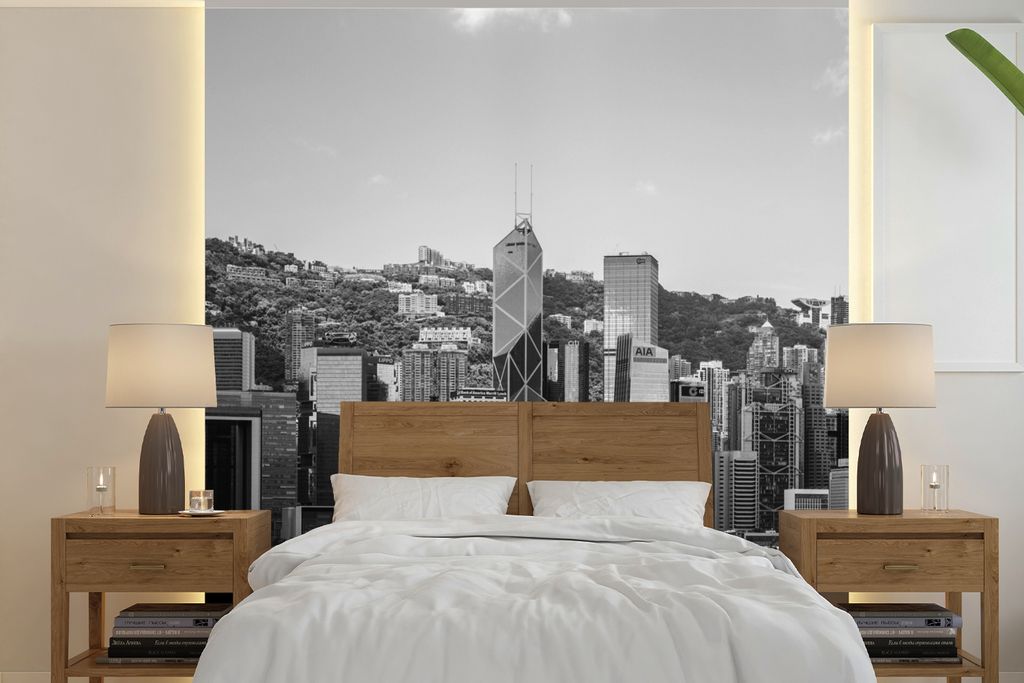 MuchoWow Fototapete für Wohnzimmer oder Schlafzimmer Wandtapete Vinyl Motivtapete Hongkong - Skyline - Schwarz - Weiß - 260x260 cm - Papiertapeten