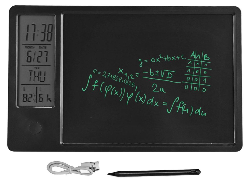 LCD-Schreibtablett, 10 Zoll, wiederaufladbar, löschbar, elektronisches Doodle-Board mit Digitaluhr, Kalender für Büro, Geschäft, Zuhause, Schwarz