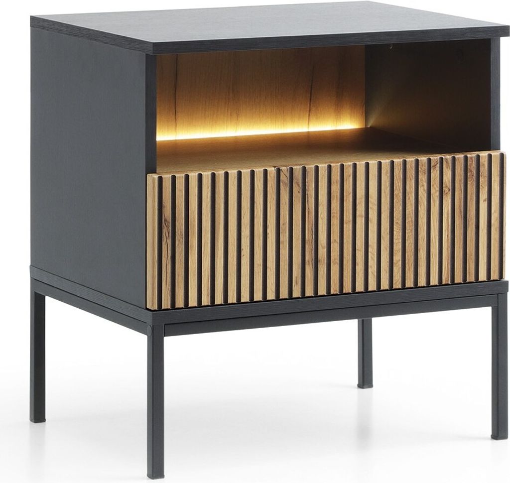 Nachttisch Sento S54 Nachtschrank 54X56X39 Cm Mit Led Schublade Schwarz/Wotan Eiche