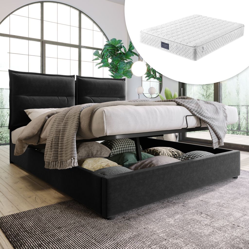 Flieks Hydraulisches Polsterbett mit Matratze 140x200cm Boxspringbett mit Bettkasten, Stauraum. Lattenrost, Samt, Schwarz