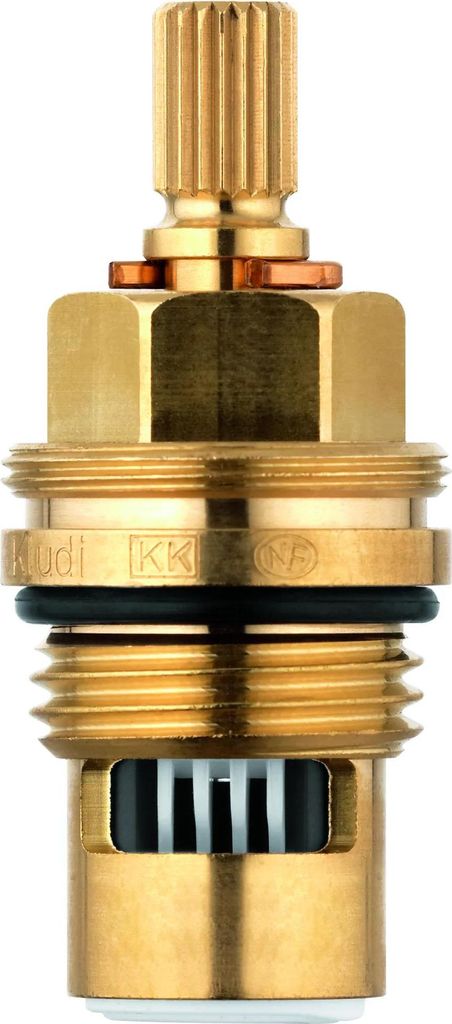 A close-up studio shot of a brass faucet valve stem.