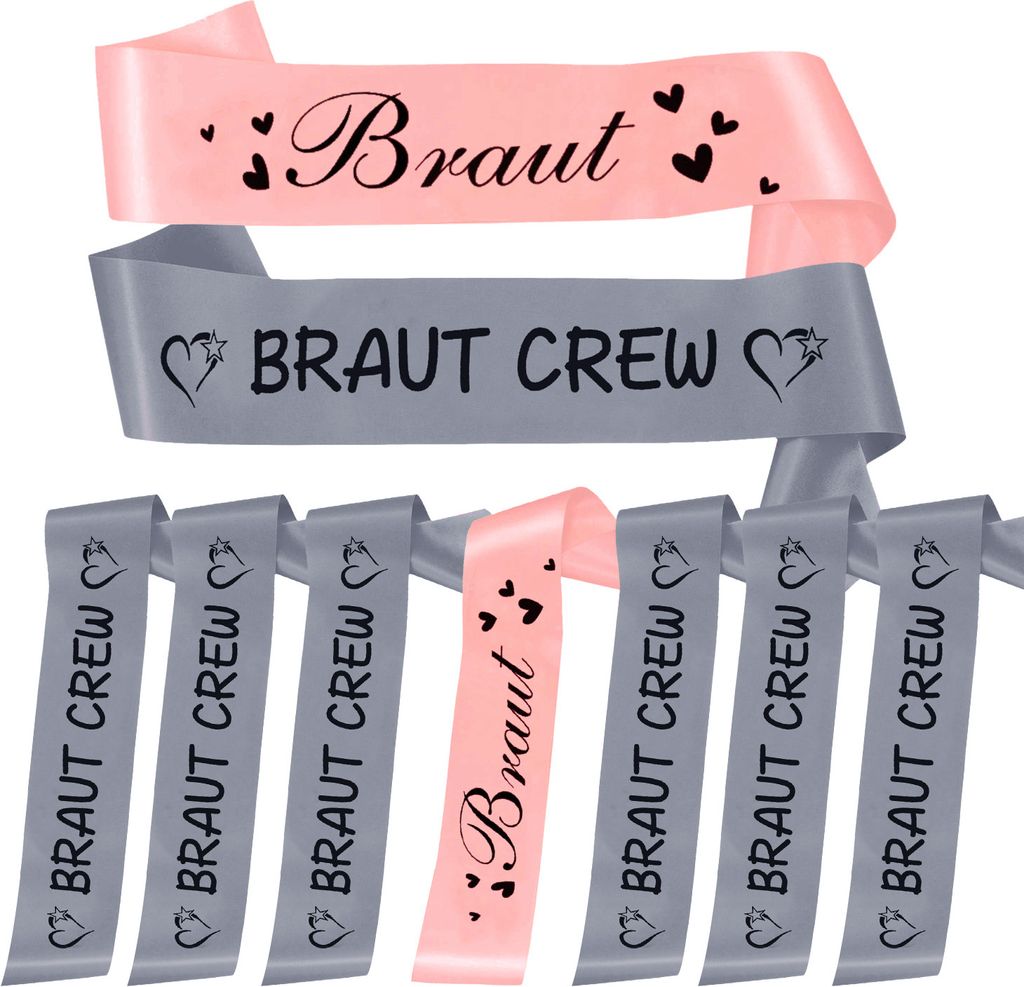 Oblique Unique Schärpe Braut + Braut Crew Set JGA Hen Party Herzen rosa grau