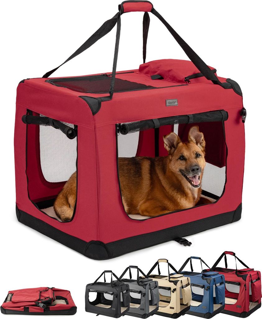 lionto Hundetransportbox faltbar, stabile Stoffbox mit Mesh-Einsätzen, ideal für Auto, Reise & Tierarzt, 82x58x58 cm, dunkelrot