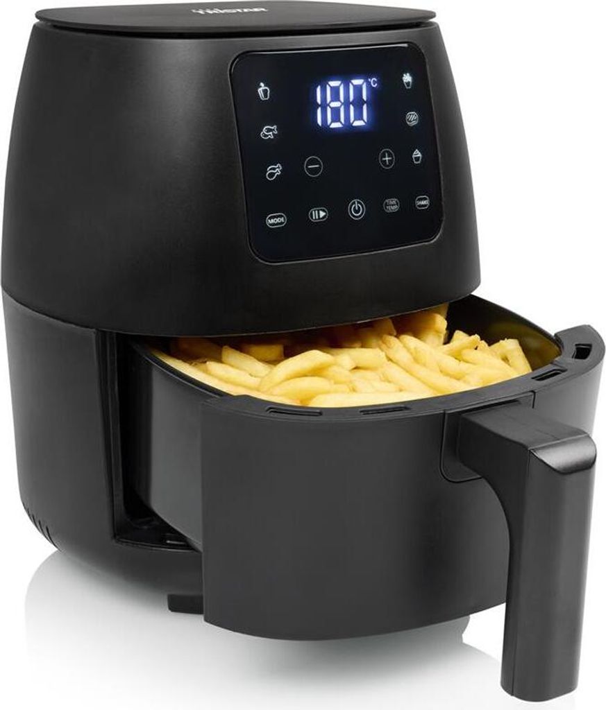 A black air fryer filled with french fries, with its digital display showing '180°C'.