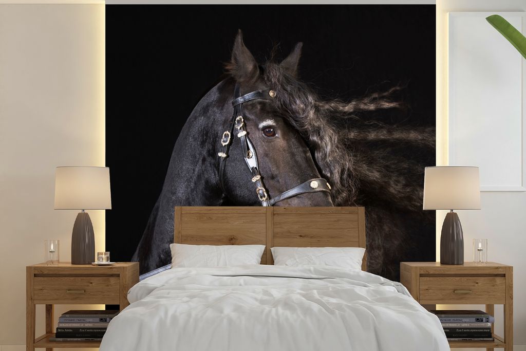 MuchoWow Fototapete für Wohnzimmer oder Schlafzimmer Wandtapete Vinyl Motivtapete Pferd - Halfter - Mähne - 350x350 cm - Schlafzimmertapete