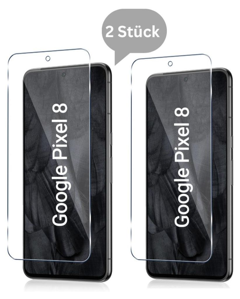 Two screen protectors for a Google Pixel 8 phone are shown side-by-side against a white background. A speech bubble indicates '2 Stück' (2 pieces).