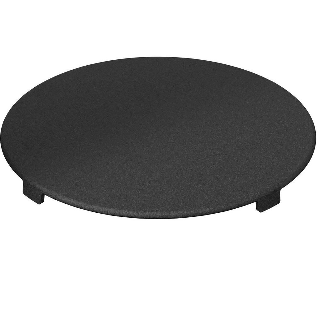 A black circular cap with small tabs on the underside, shown from a slightly elevated angle against a white background.