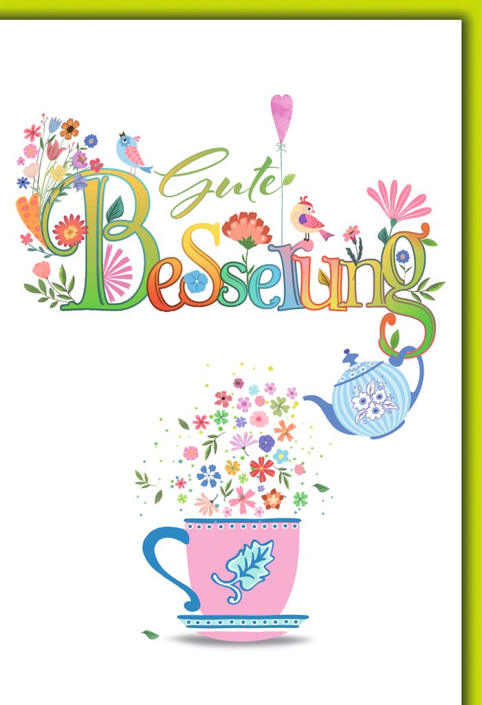 Genesung Gute Besserung Grußkarte mit Umschlag bunte Teetasse Kanne Genesungskarte