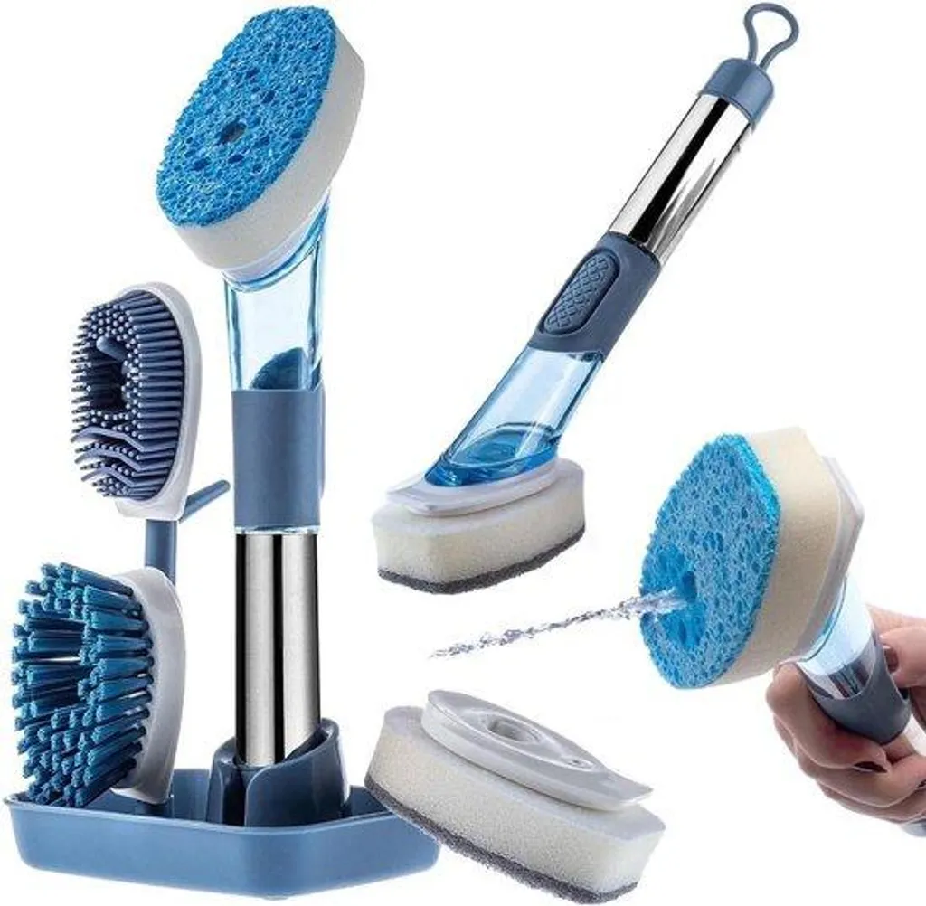 Brosse vaisselle anti-gaspillage avec distributeur et 4 têtes bleu azur