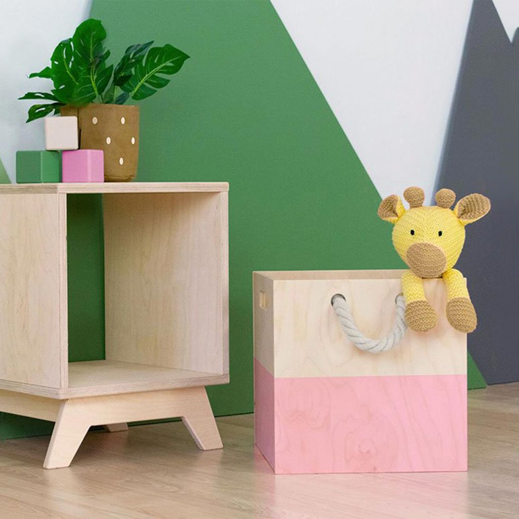 Aufbewahrungsbox aus Holz Modell 3 - mit Griffen aus geflochtenem Seil - Rosa und Naturholzfarbe - 33 x 33 x 37 cm