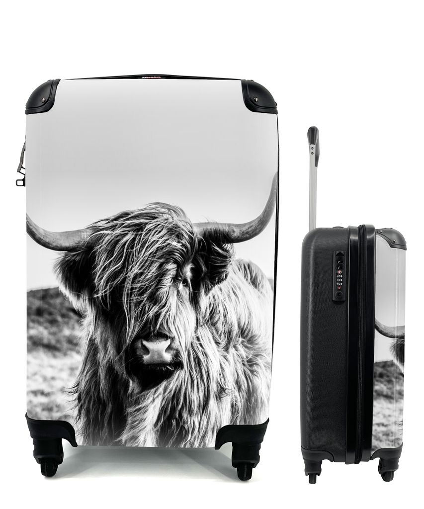 MuchoWow Koffer Handgepäck Trolley Rollkoffer Kleine Reisekoffer mit 4 Rollen - Kuh - Schottischer Hochländer - Schwarz - Weiß - Tier - Natur ...