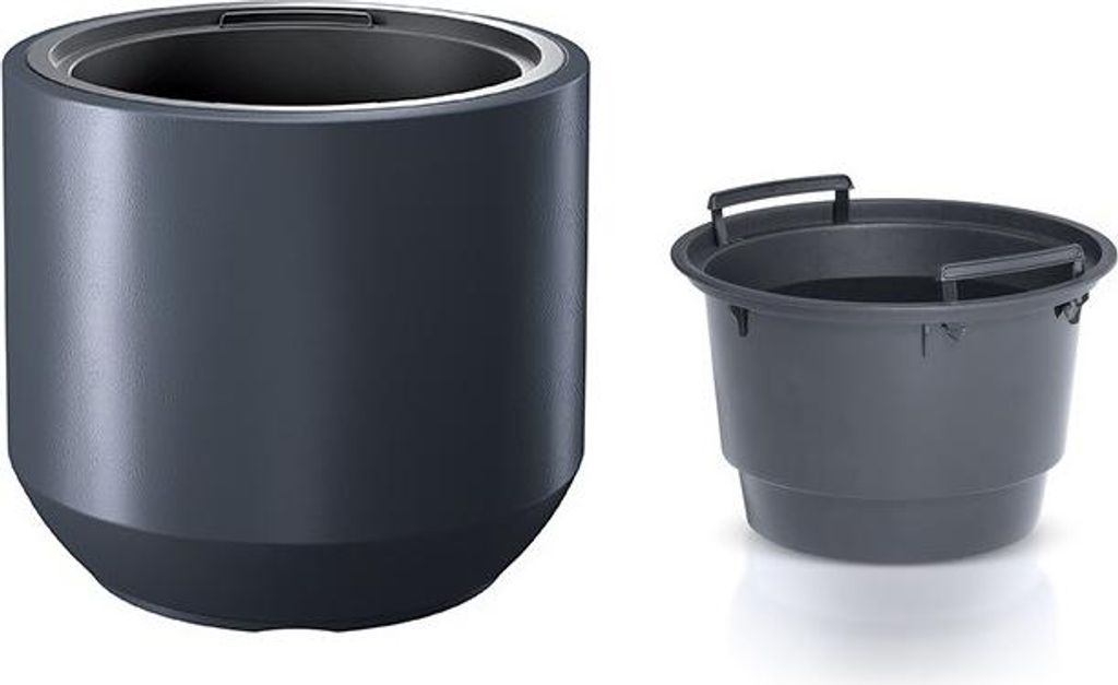 A dark gray planter with an inner liner is shown next to a dark gray bucket with handles.