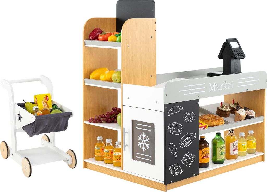 Dětský obchod COSTWAY s nákupním vozíkem, dřevěný Obrázek produktu 